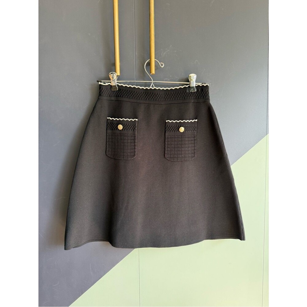 NWOT $220 Sandro Martin Black A-Line Knit Mini Skirt w/ White Trim, Sz 1 (XS-S)